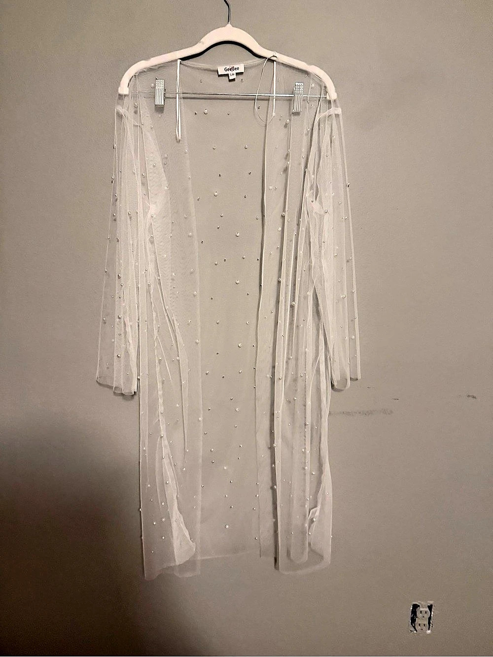 GeeGee Beaded Mesh Long Sleeve Cover-Up/Wedding Robe in White S/M